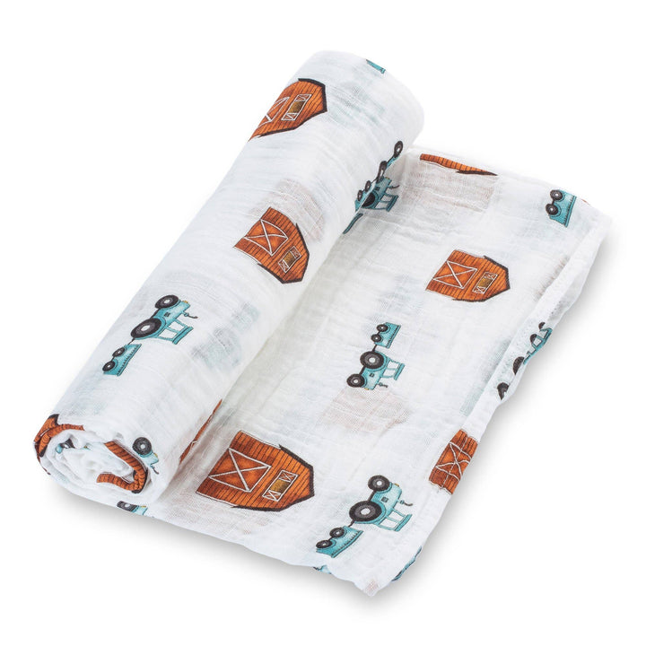 Farm Tractor Red Barn How We Roll Muslin Swaddle Baby Blanket