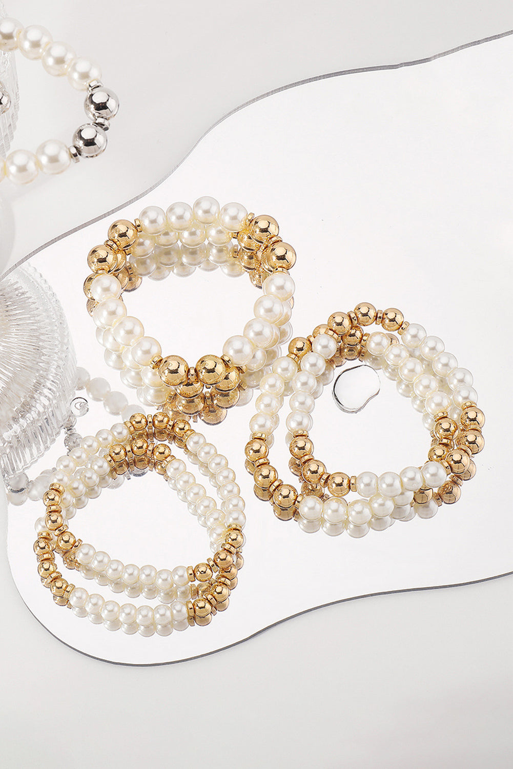 6 Piece Beaded Gold Tone And Faux Pearl Stacking Bracelet Set