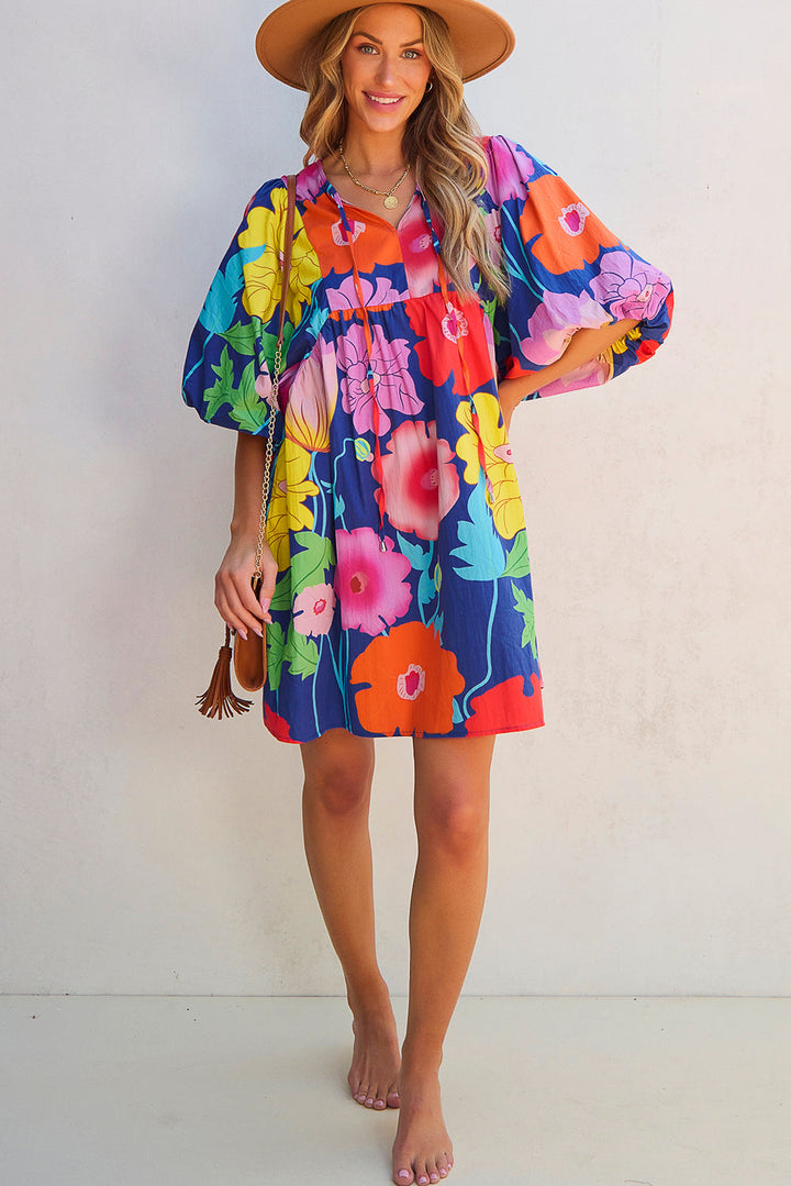 Royal Blue Floral Print V Neck Babydoll Dress