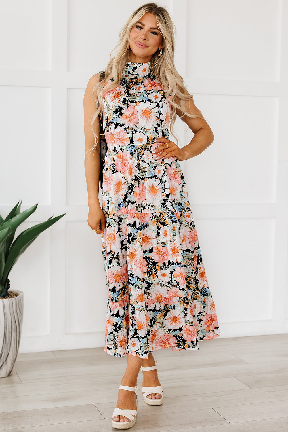 Floral Boho Style Halter Top Sleeveless Teired Maxi Dress