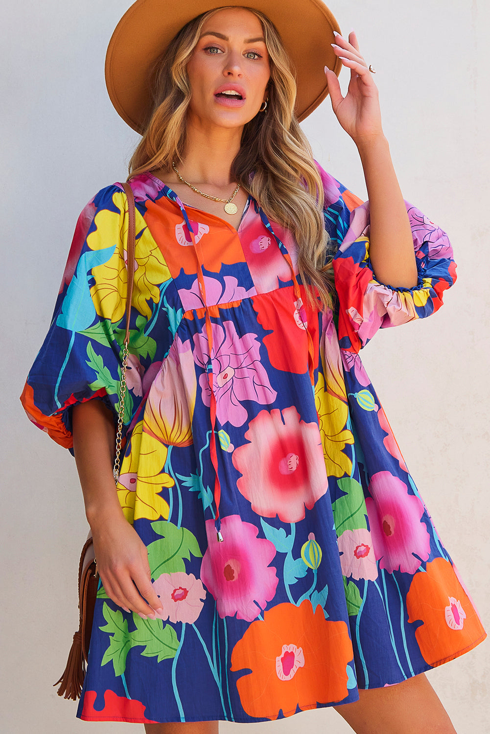 Royal Blue Floral Print V Neck Babydoll Dress