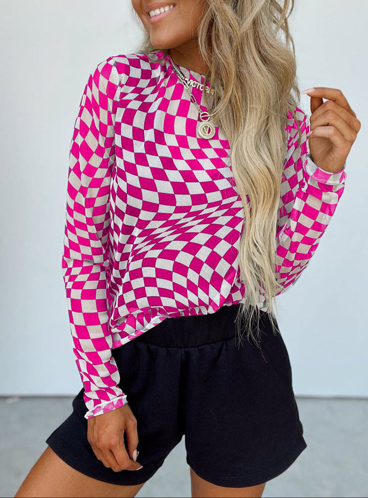 Hot Pink and White Checkered Pattern Mesh Neck Long Sleeve Stretch Top