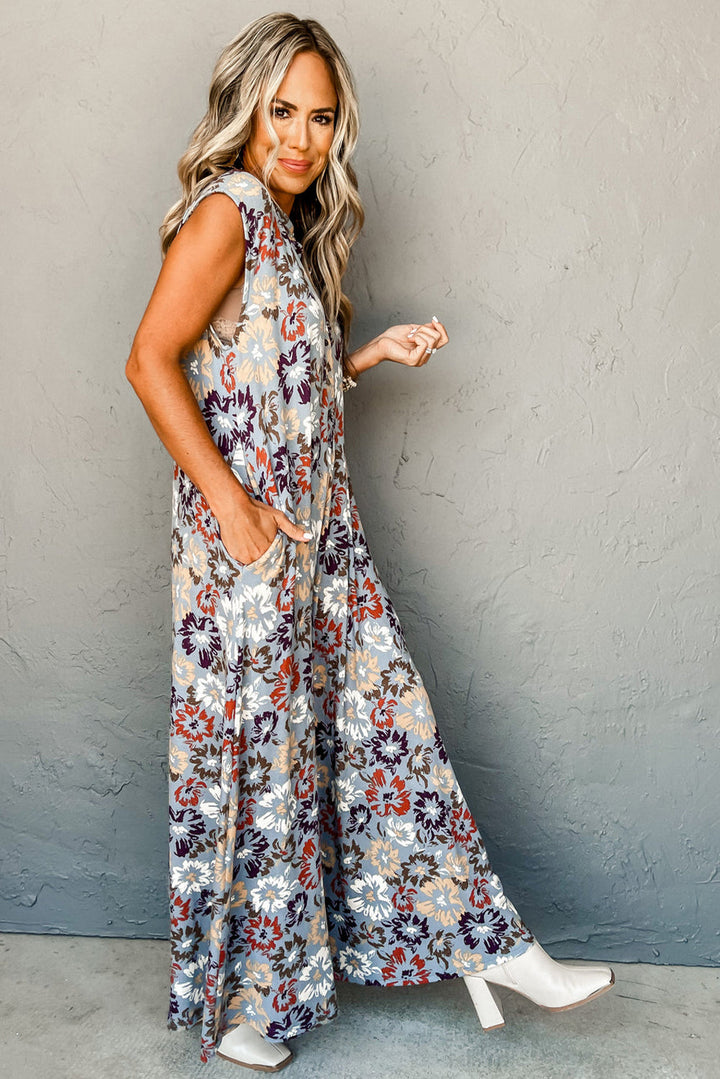 Blue Floral Sleeveless Buttoned Pocketed Wide Leg