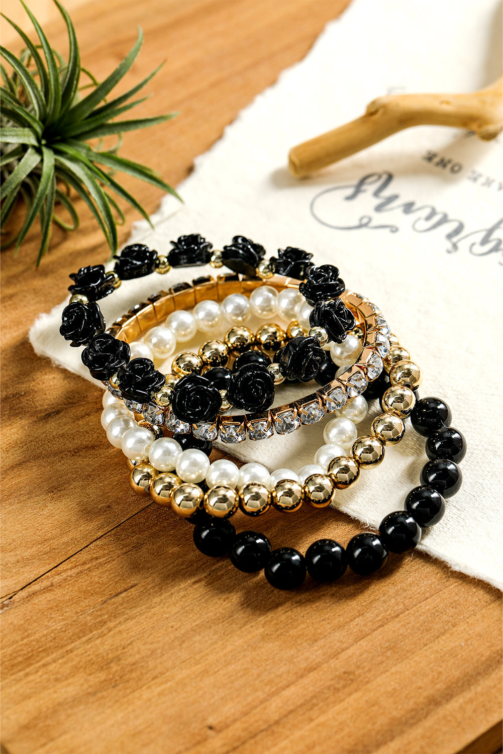 5 Piece Black, Gold & Ivory Stacking Bracelets