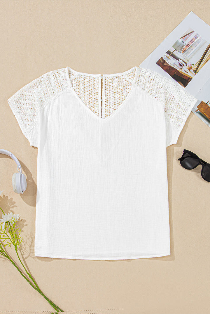 Winter White Lace Back Crochet Button Back V Neck Blouse