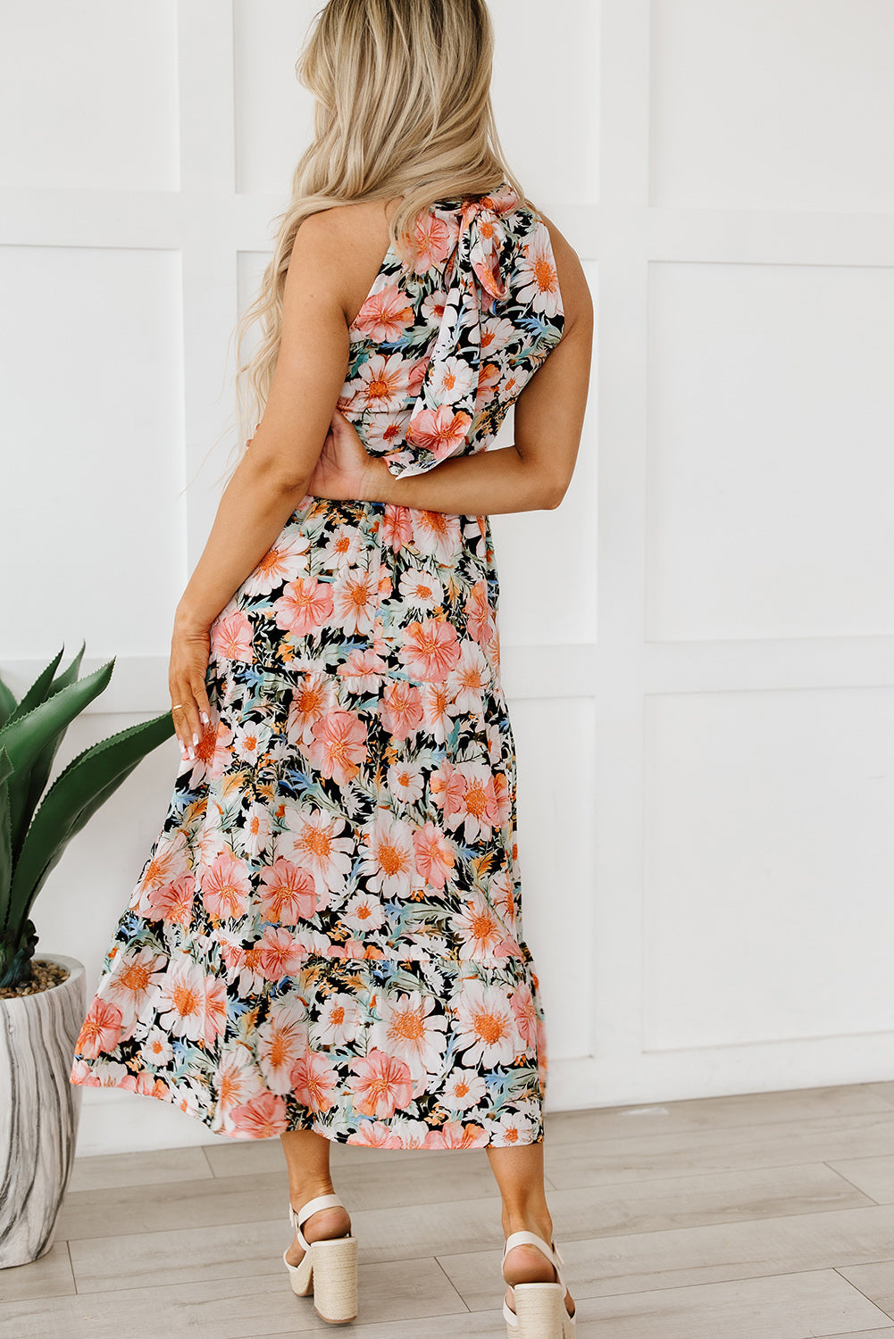 Floral Boho Style Halter Top Sleeveless Teired Maxi Dress