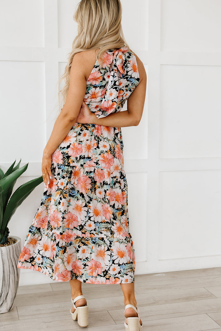 Floral Boho Style Halter Top Sleeveless Teired Maxi Dress