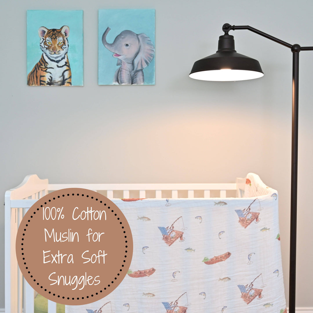 Gone Fishing Muslin Cotton Swaddle Baby Blanket