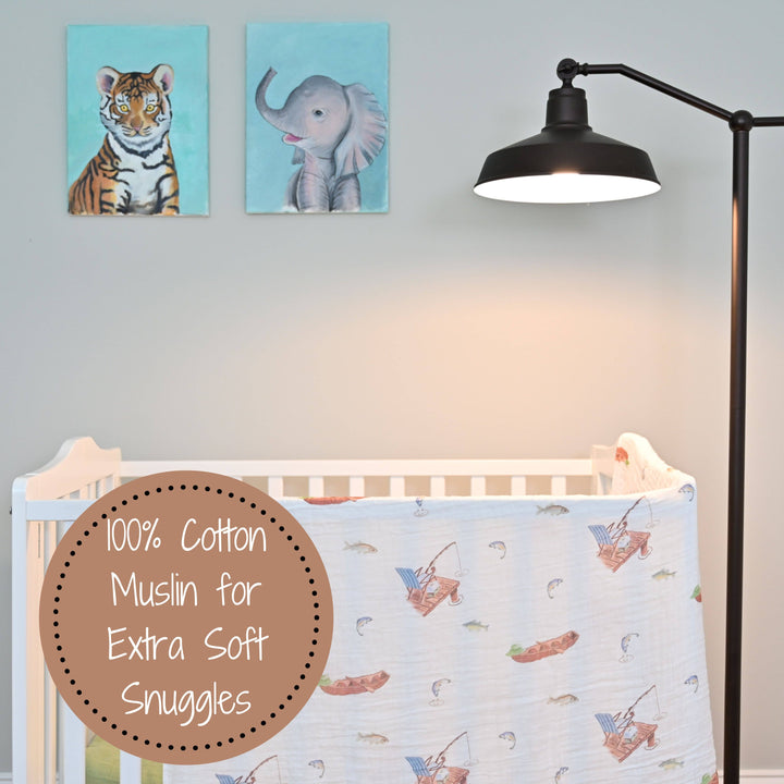 Gone Fishing Muslin Cotton Swaddle Baby Blanket