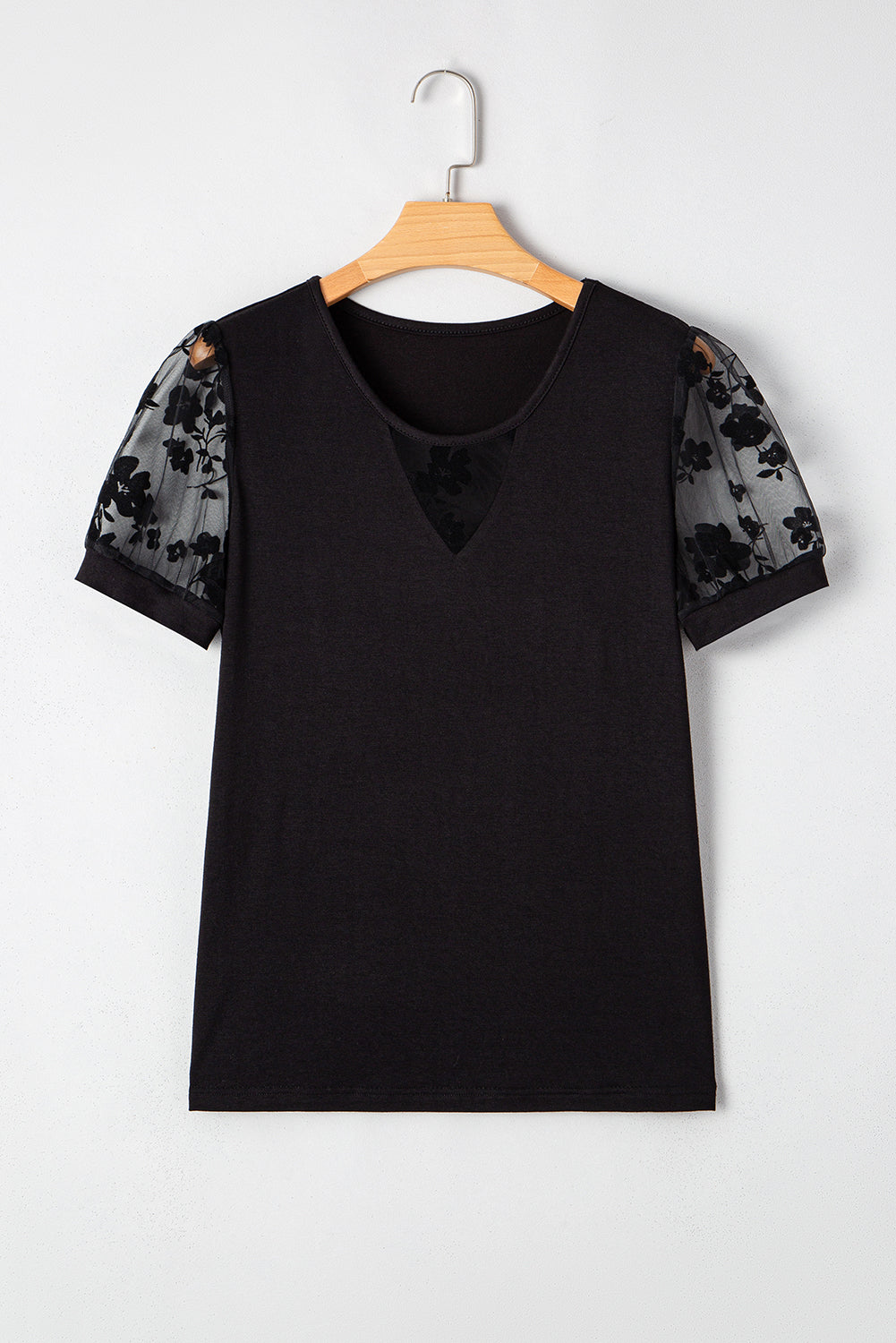 Black Short Sleeve Blouse with Sheer Floral Lace Sleeves