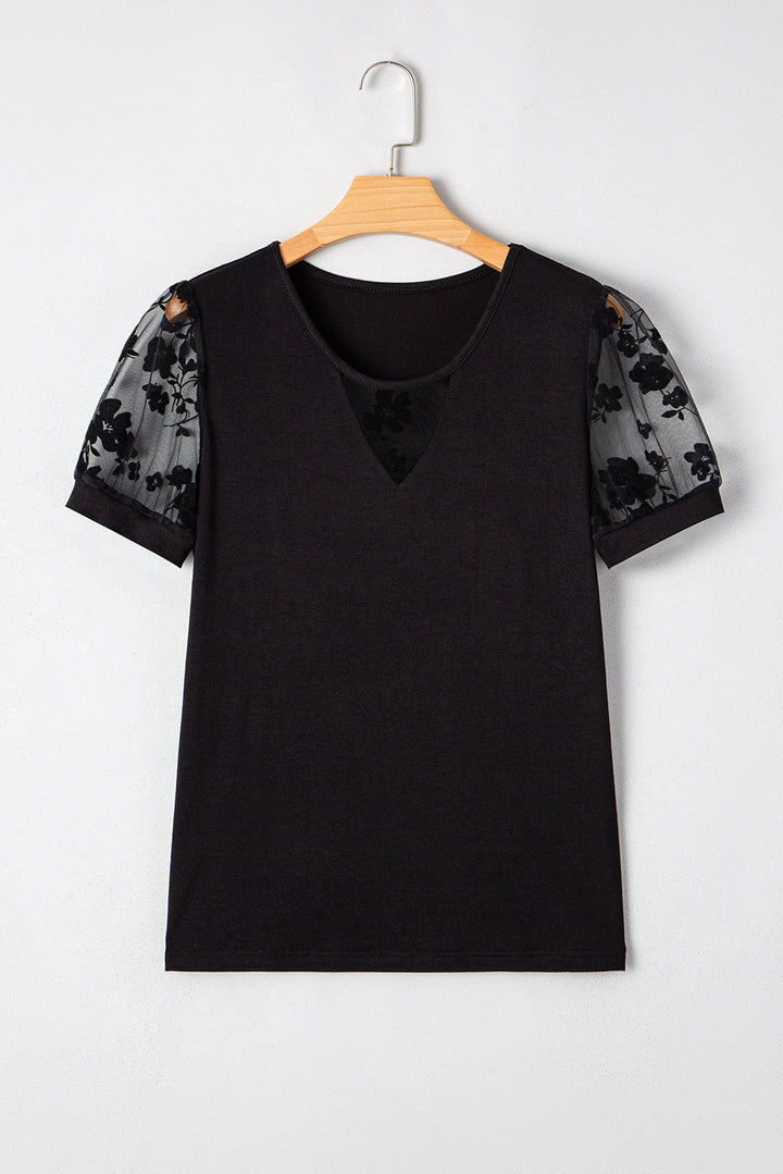Black Short Sleeve Blouse with Sheer Floral Lace Sleeves