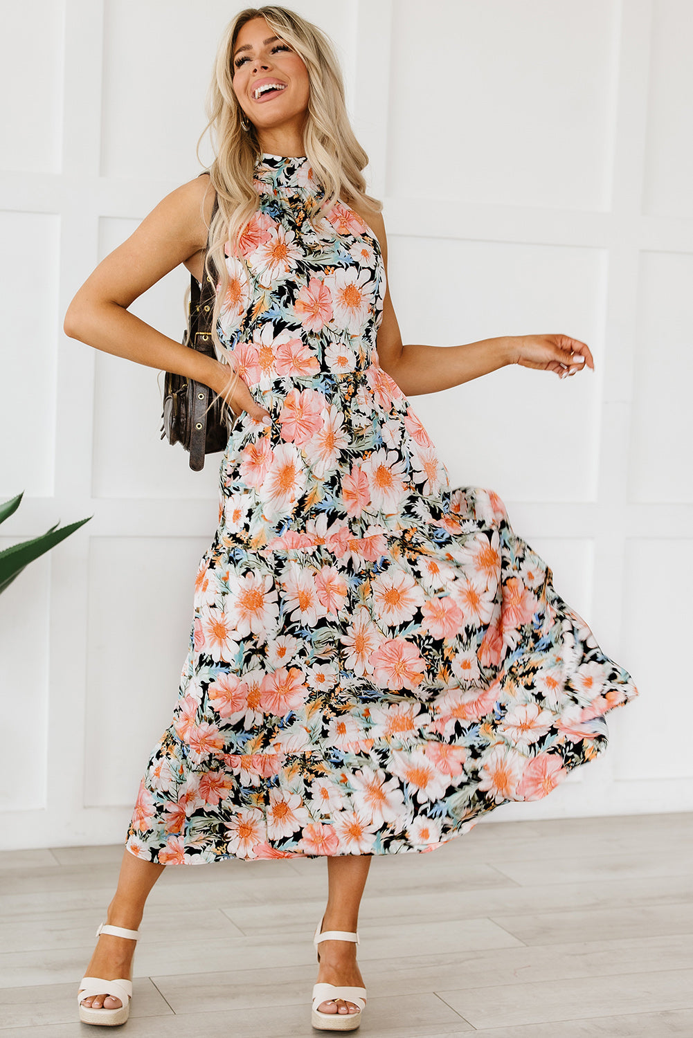 Floral Boho Style Halter Top Sleeveless Teired Maxi Dress