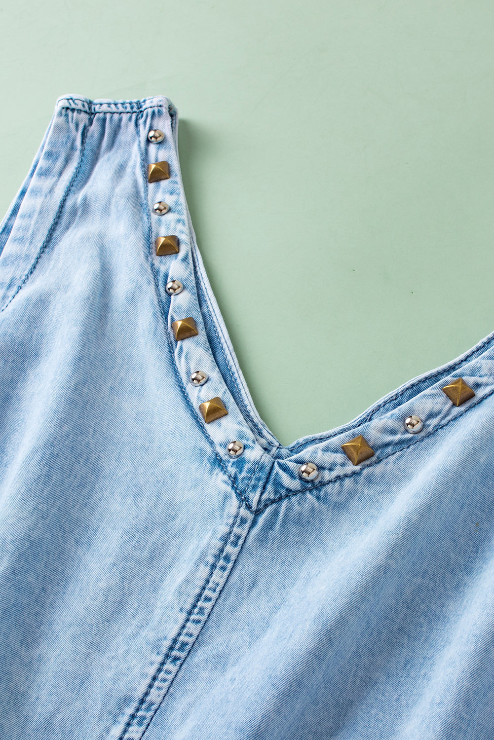 Studded V Neck Raw Hem Sleeveless Light Washed Blue Denim Romper