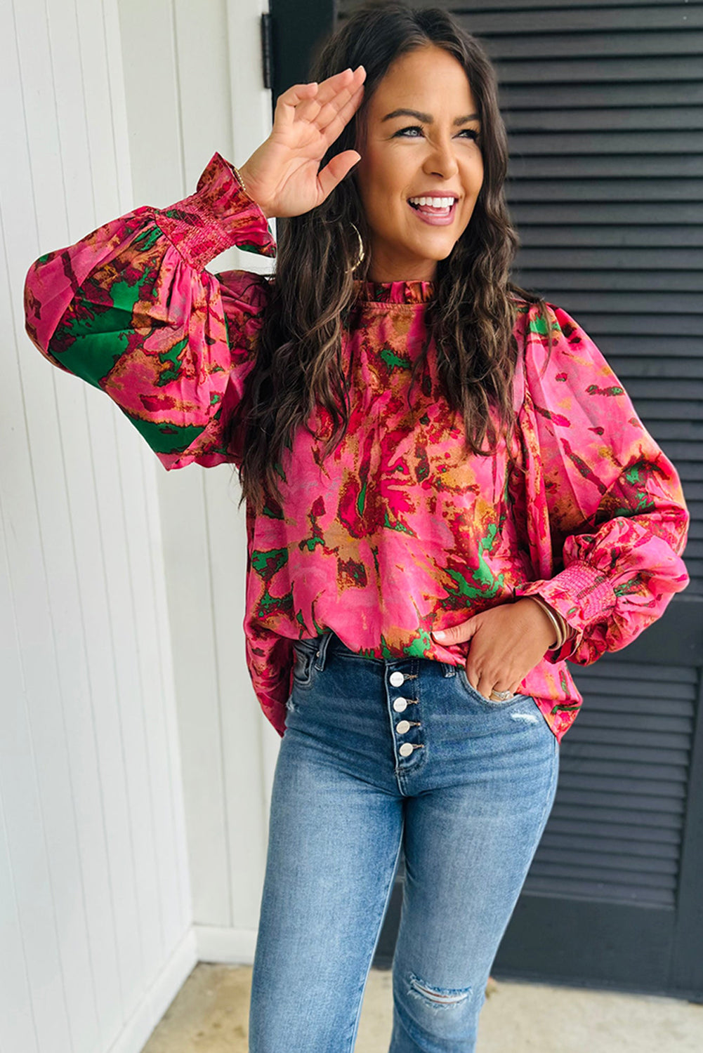 Vibrant Watercolor Puff Sleeve Blouse