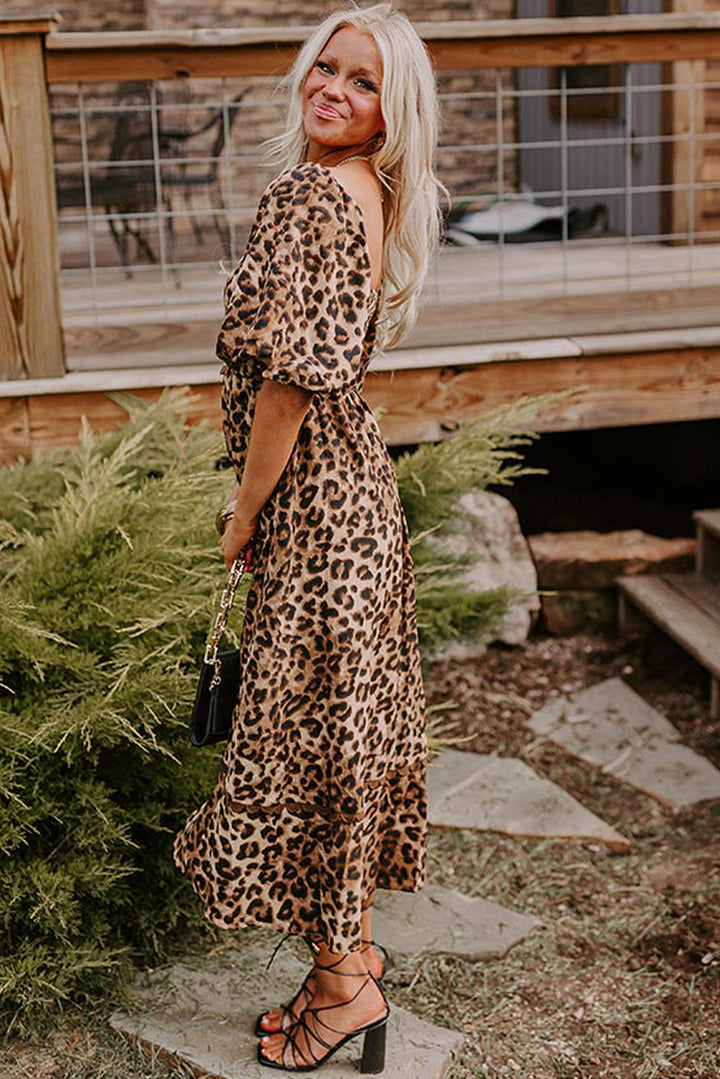 Leopard Print Bubble Sleeve Square Neck Maxi Dress