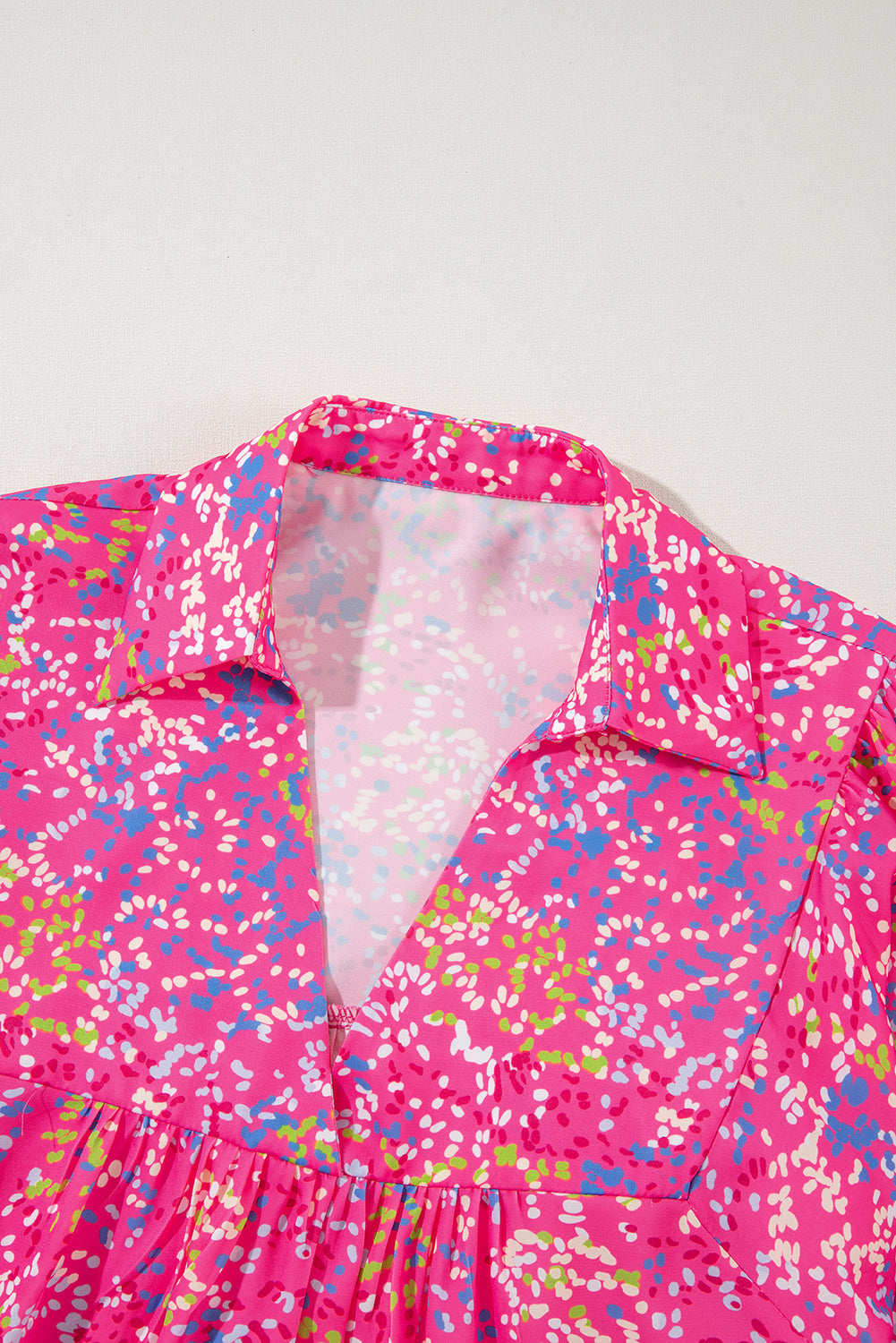 Hot Pink Abstract Floral Print Collared V Neck Babydoll Blouse