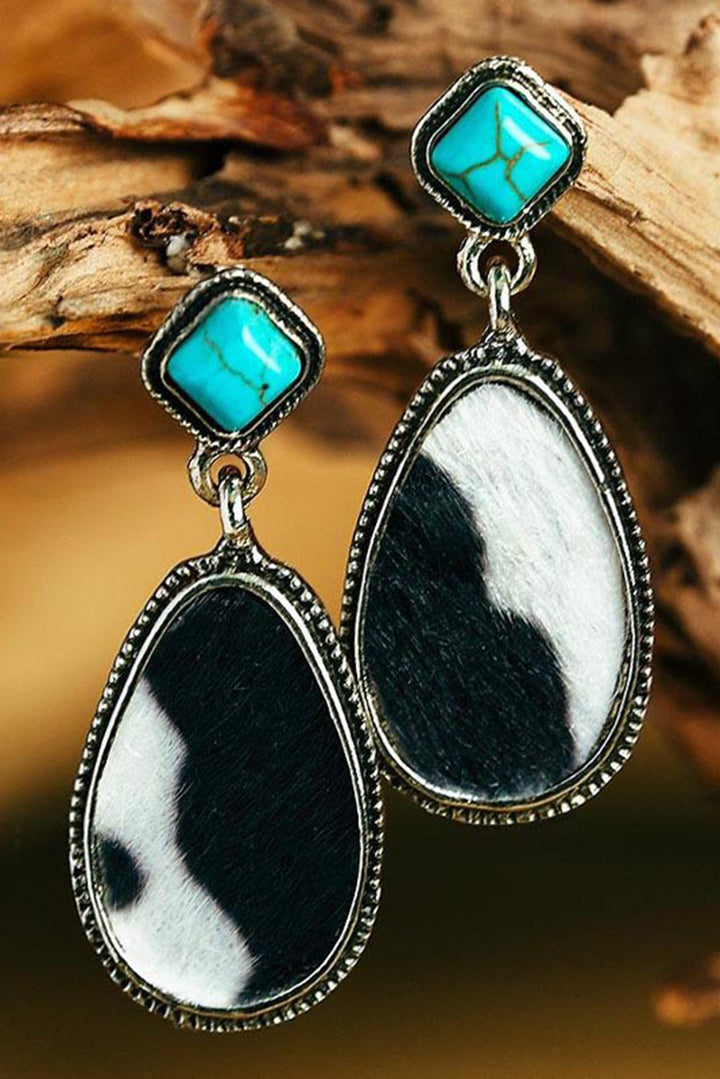Black & White Cow Hide Turquoise Colored Drop Pierced Earrings
