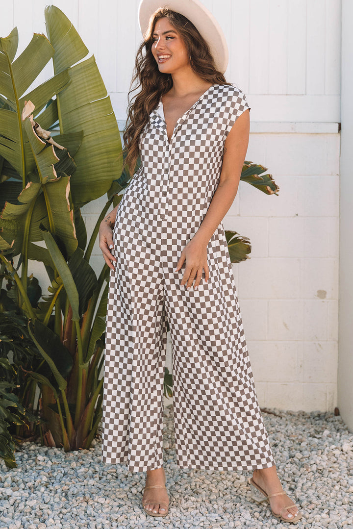 Mocha & White Checkerboard Wide Leg Jumpsuit