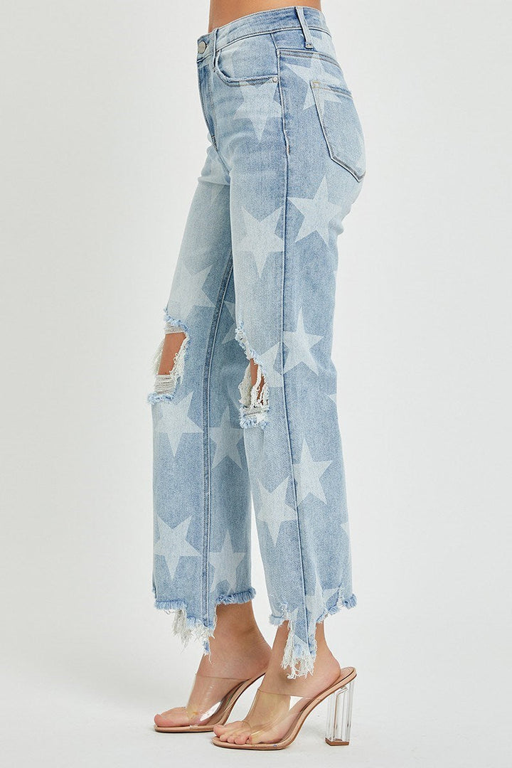 STAR STRUCK ▪️ RISEN ▪️HIGH RISE DESTROYED STAR PRINT STRAIGHT CROPPED JEANS
