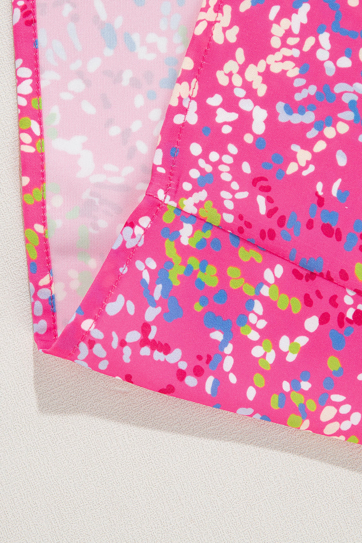 Hot Pink Abstract Floral Print Collared V Neck Babydoll Blouse