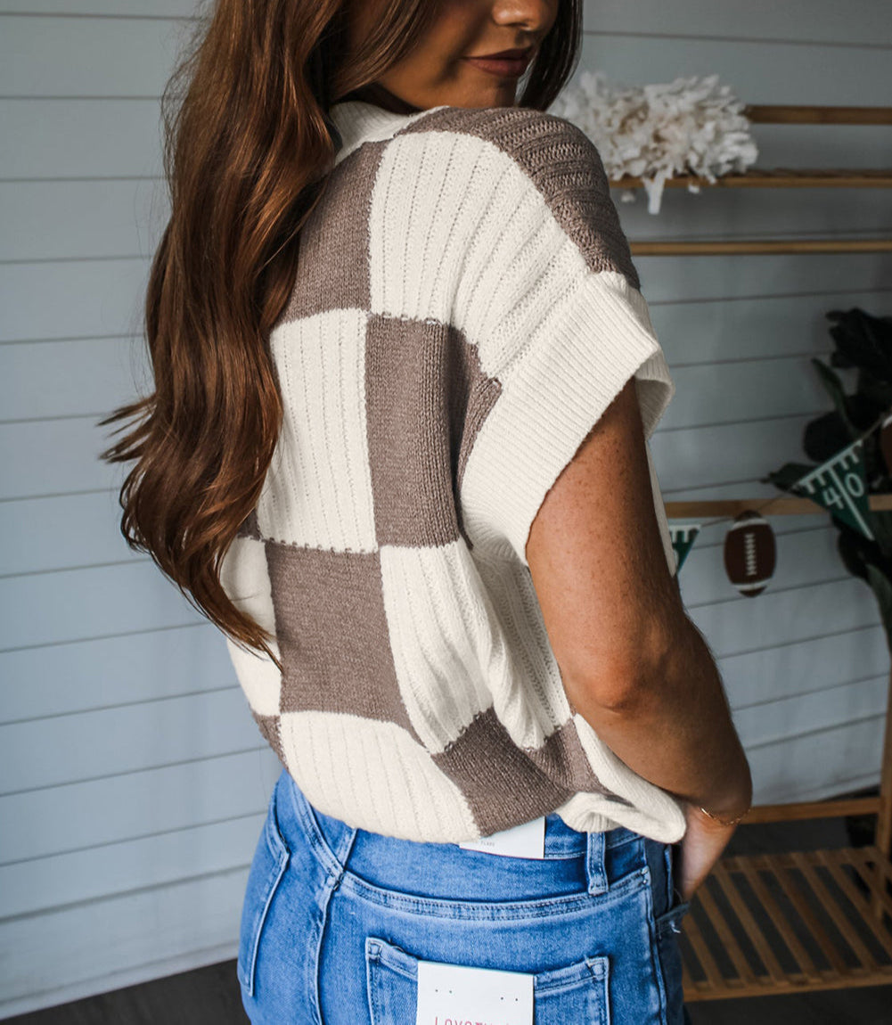 Color Block Checkered Cocoa and Ivory Cap Sleeve Sweater