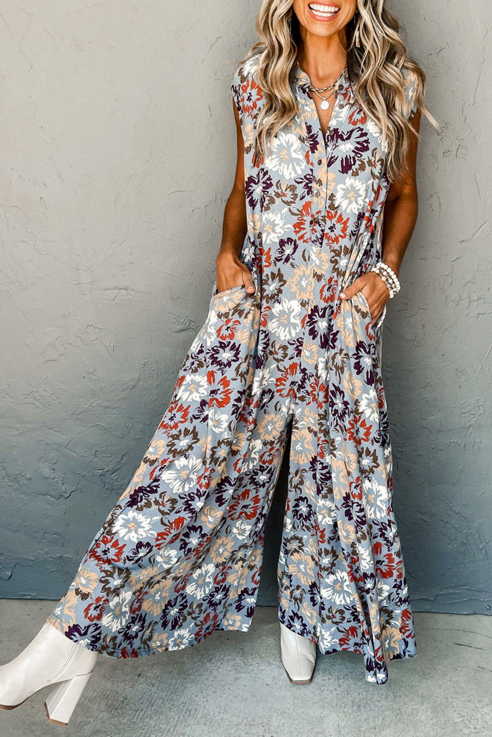 Blue Floral Sleeveless Buttoned Pocketed Wide Leg