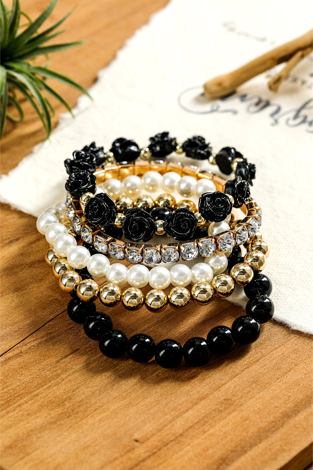 5 Piece Black, Gold & Ivory Stacking Bracelets