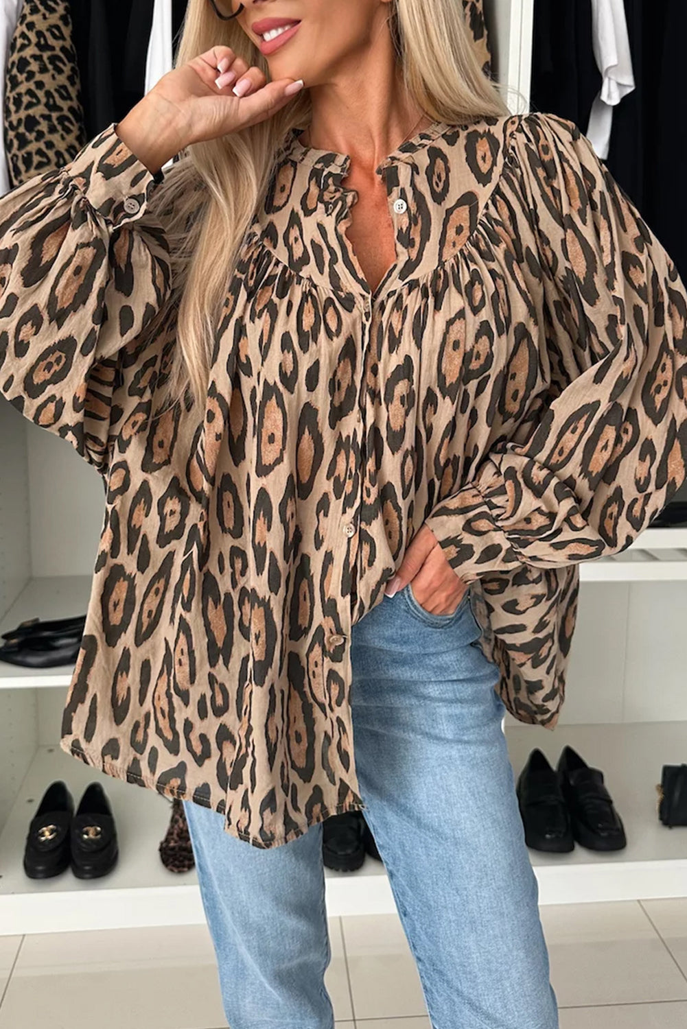 Oversized Leopard Print Balloon Sleeve Blouse
