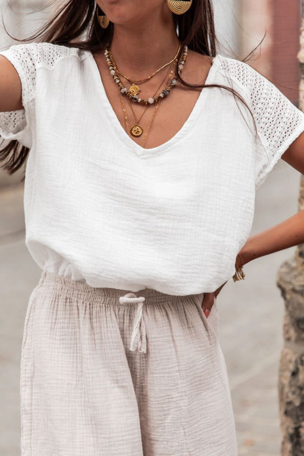 Winter White Lace Back Crochet Button Back V Neck Blouse