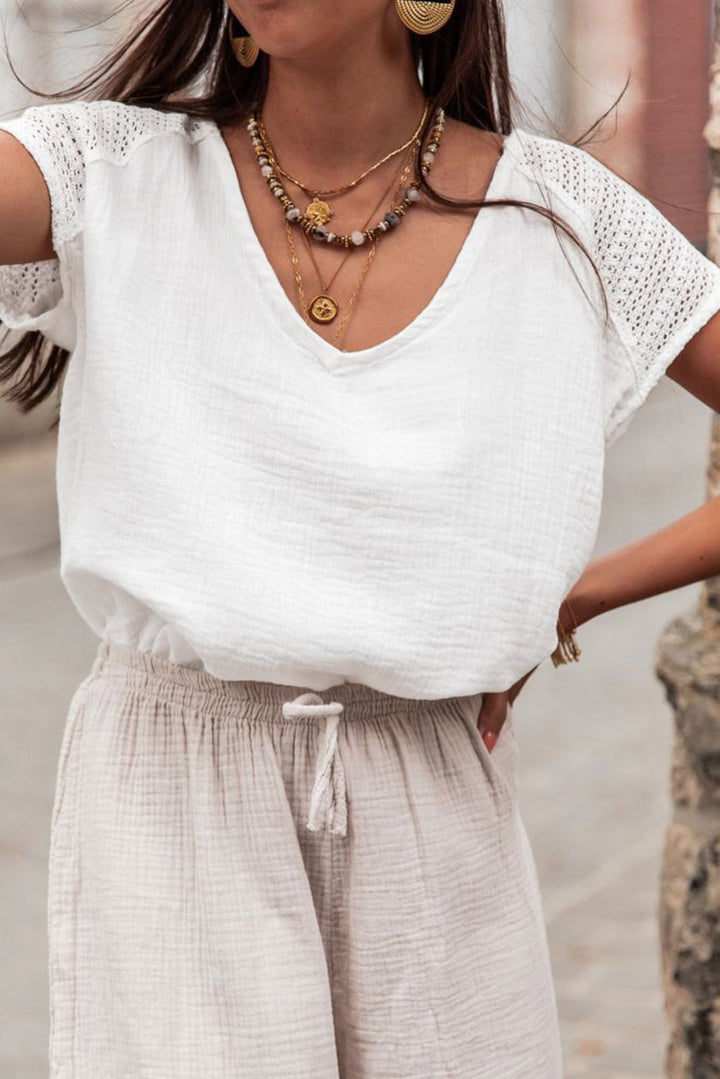 Winter White Lace Back Crochet Button Back V Neck Blouse