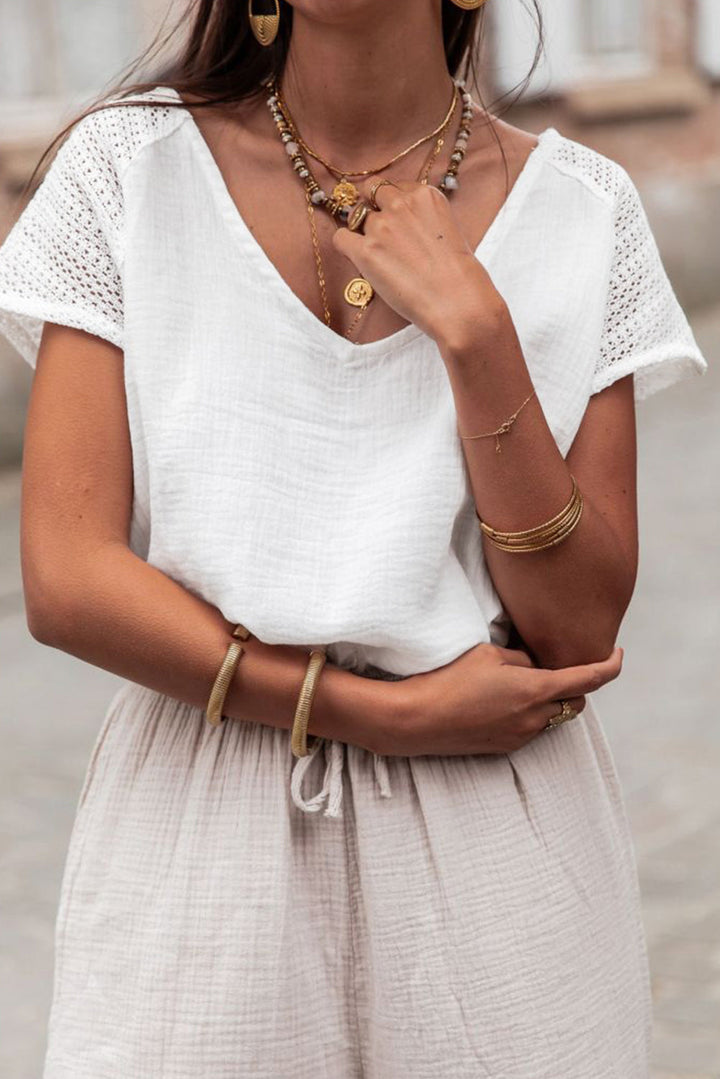 Winter White Lace Back Crochet Button Back V Neck Blouse