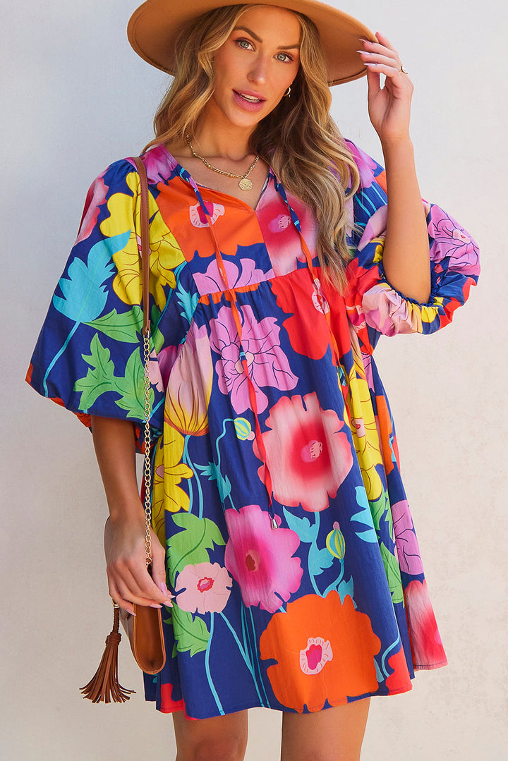 Royal Blue Floral Print V Neck Babydoll Dress