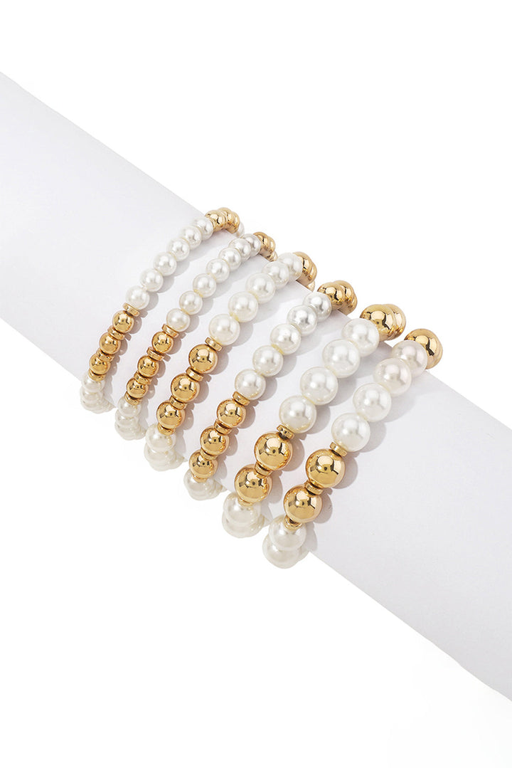 6 Piece Beaded Gold Tone And Faux Pearl Stacking Bracelet Set