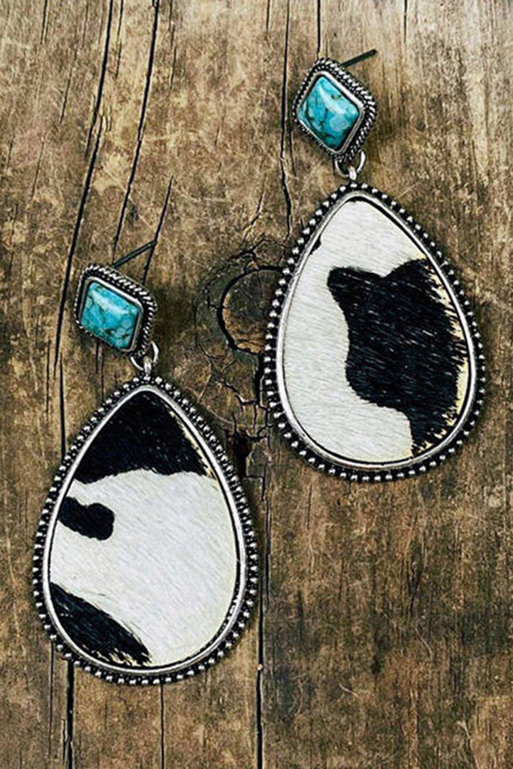 Black & White Cow Hide Turquoise Colored Drop Pierced Earrings