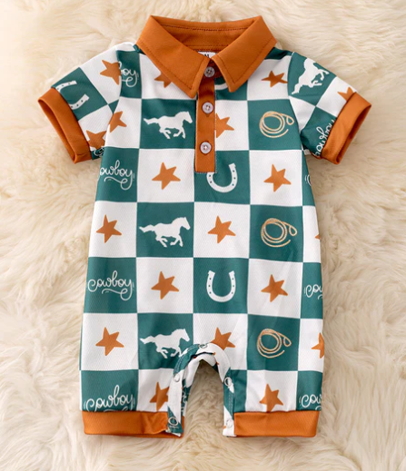 Checkerboard Western Infant Boys 1 Piece Short Romper