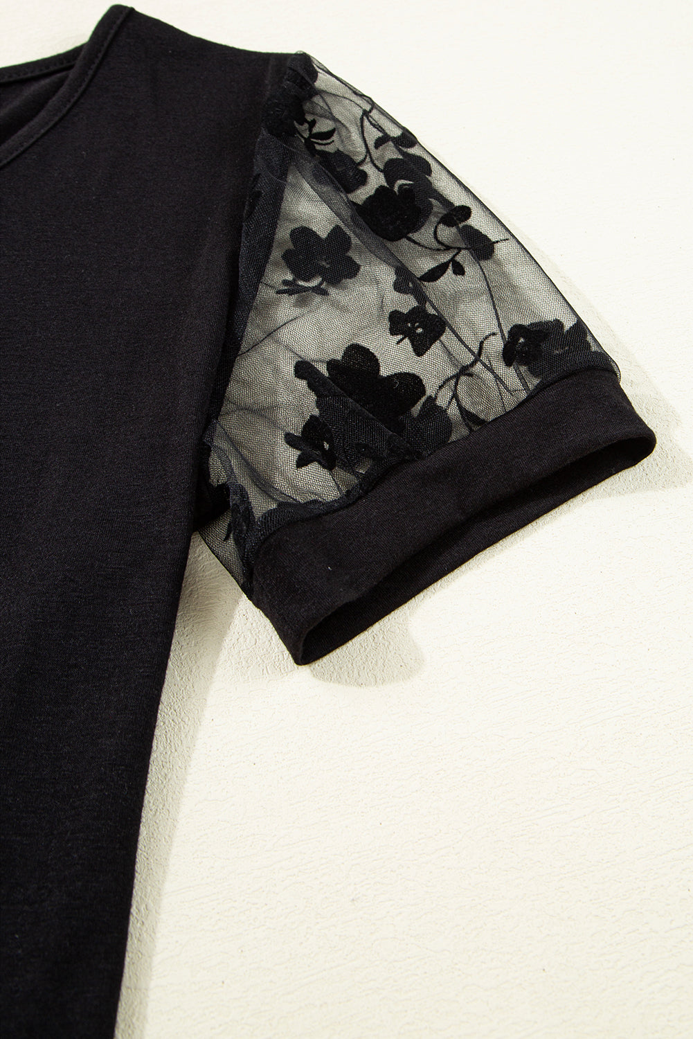 Black Short Sleeve Blouse with Sheer Floral Lace Sleeves