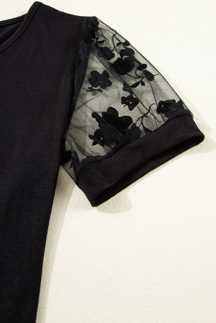 Black Short Sleeve Blouse with Sheer Floral Lace Sleeves