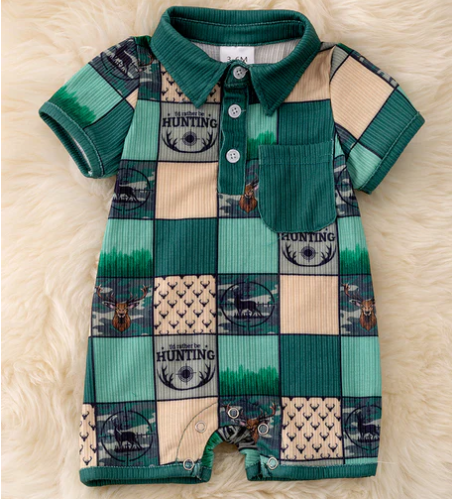 I'd Rather Be Hunting Green and Tan Infant Boy's Romper