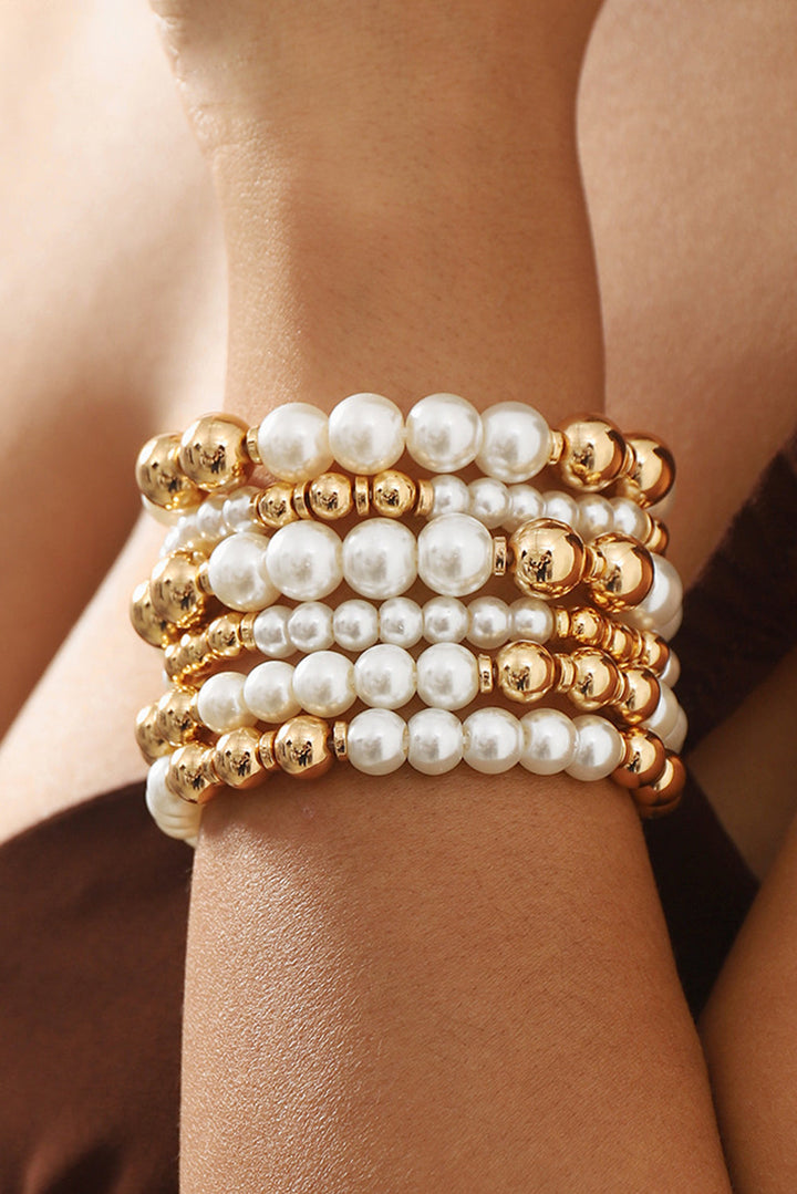 6 Piece Beaded Gold Tone And Faux Pearl Stacking Bracelet Set