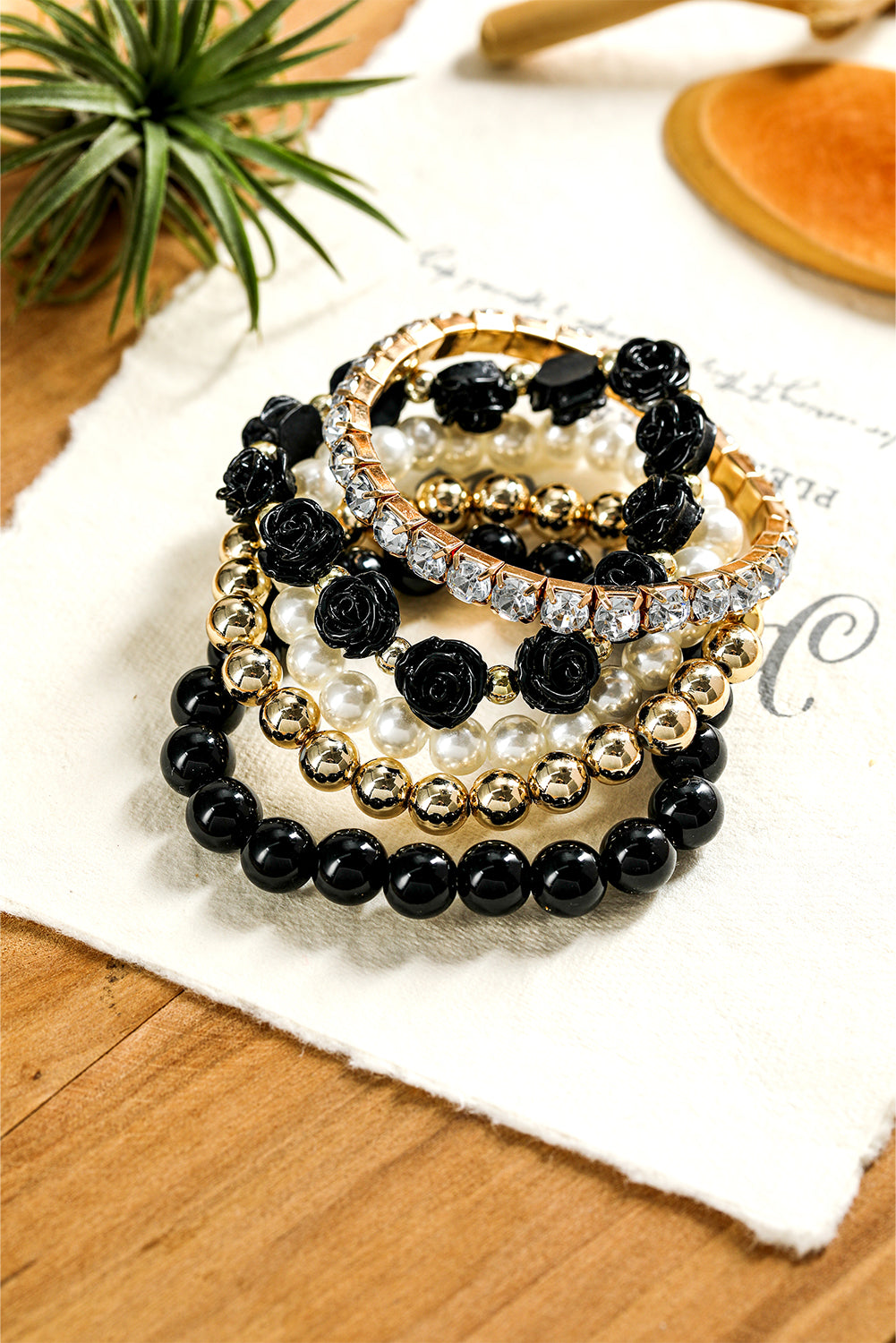 5 Piece Black, Gold & Ivory Stacking Bracelets