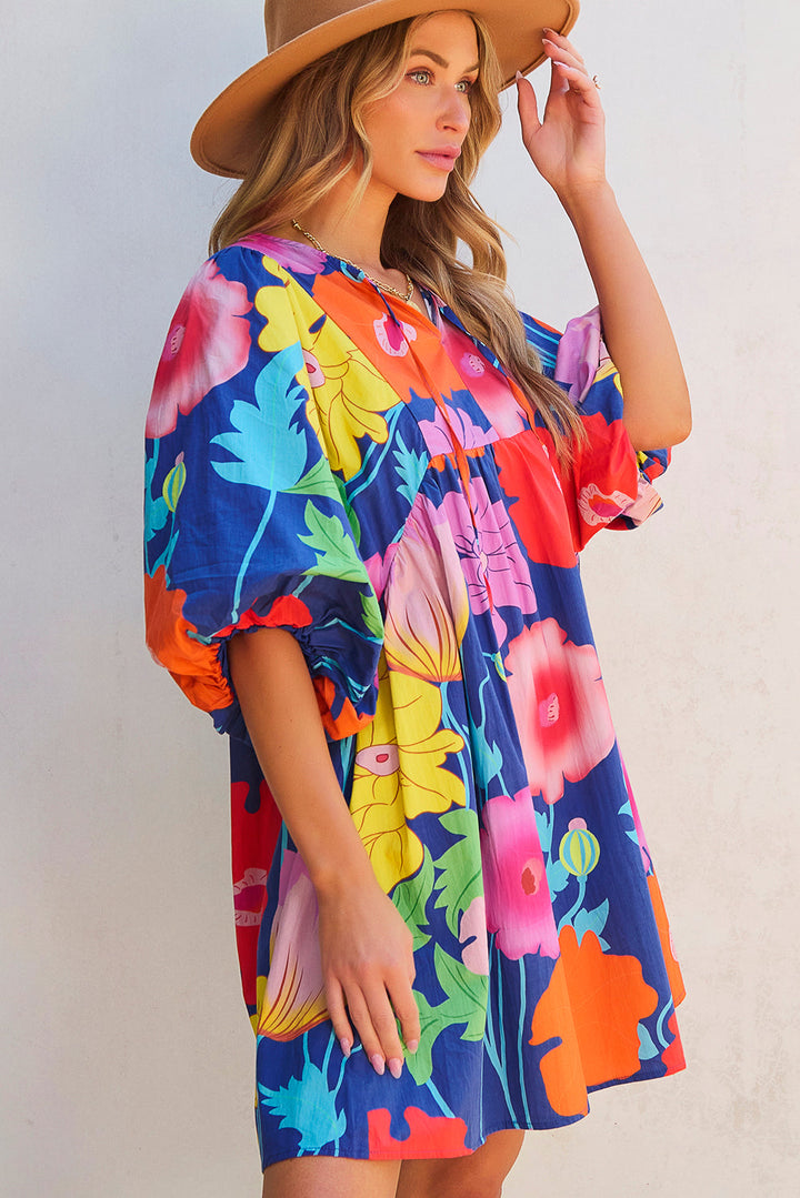 Royal Blue Floral Print V Neck Babydoll Dress