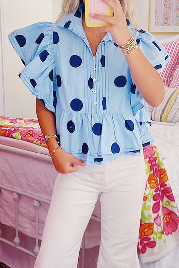Blue Polka Dot Print Ruffled Short Sleeve Buttoned Collared Blouse