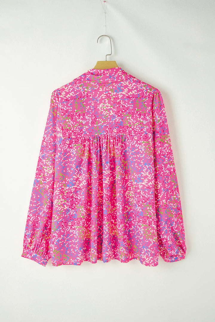 Hot Pink Abstract Floral Print Collared V Neck Babydoll Blouse