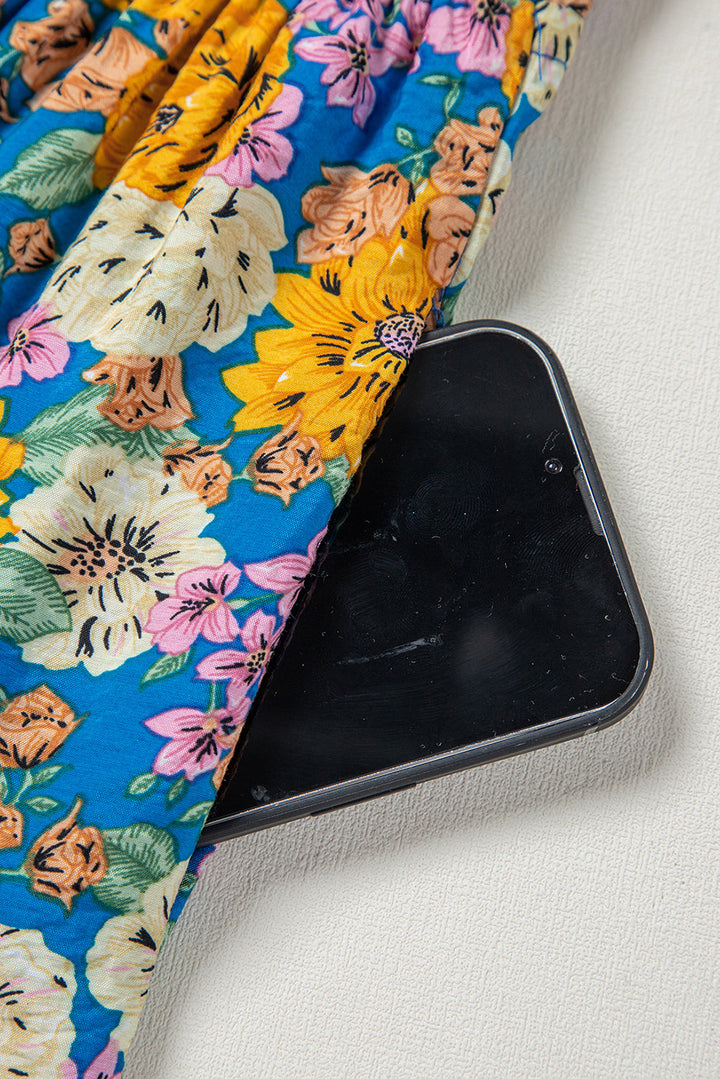 Floral Print Shirred Cut Out Back High Waist Jumpsuit