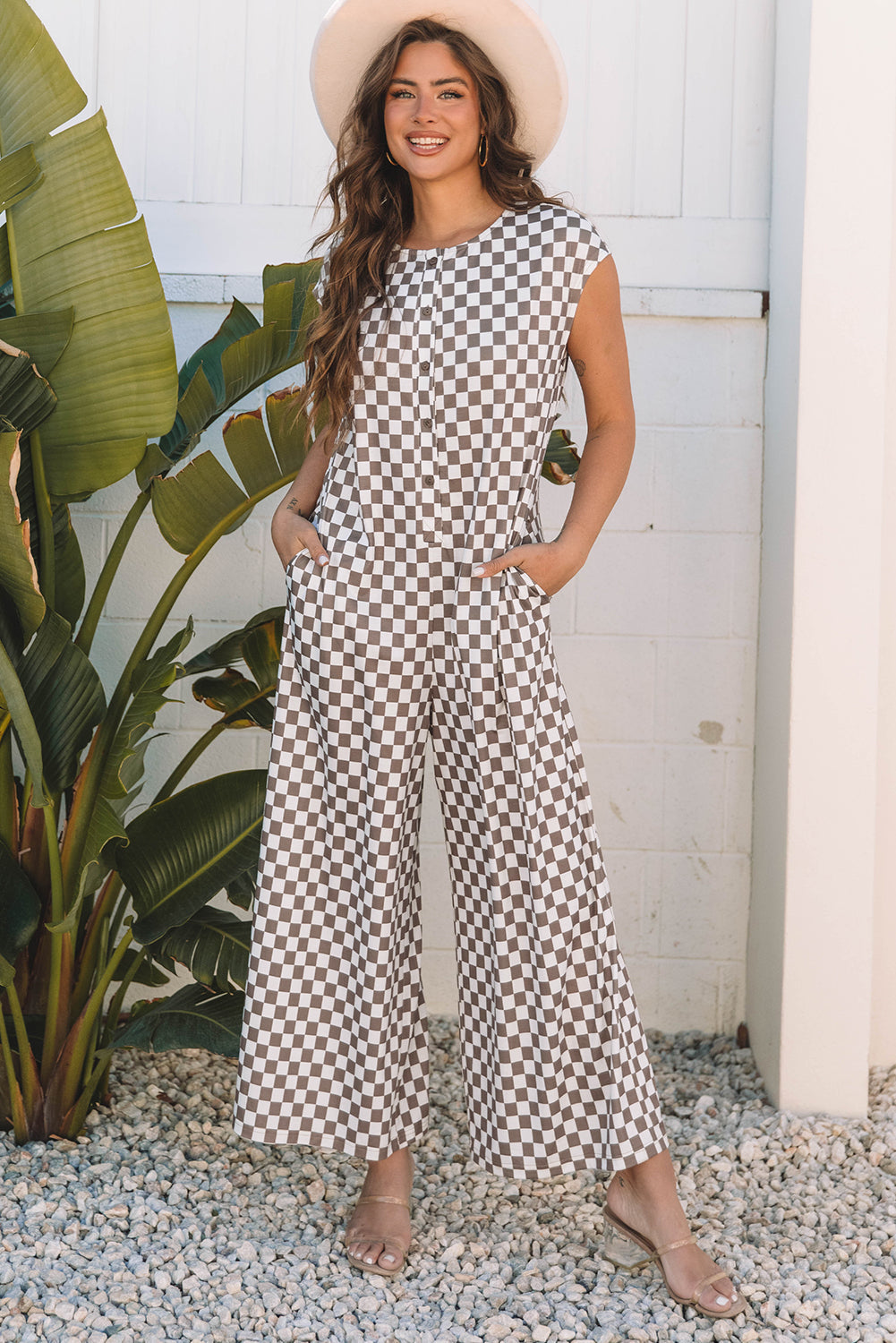 Mocha & White Checkerboard Wide Leg Jumpsuit