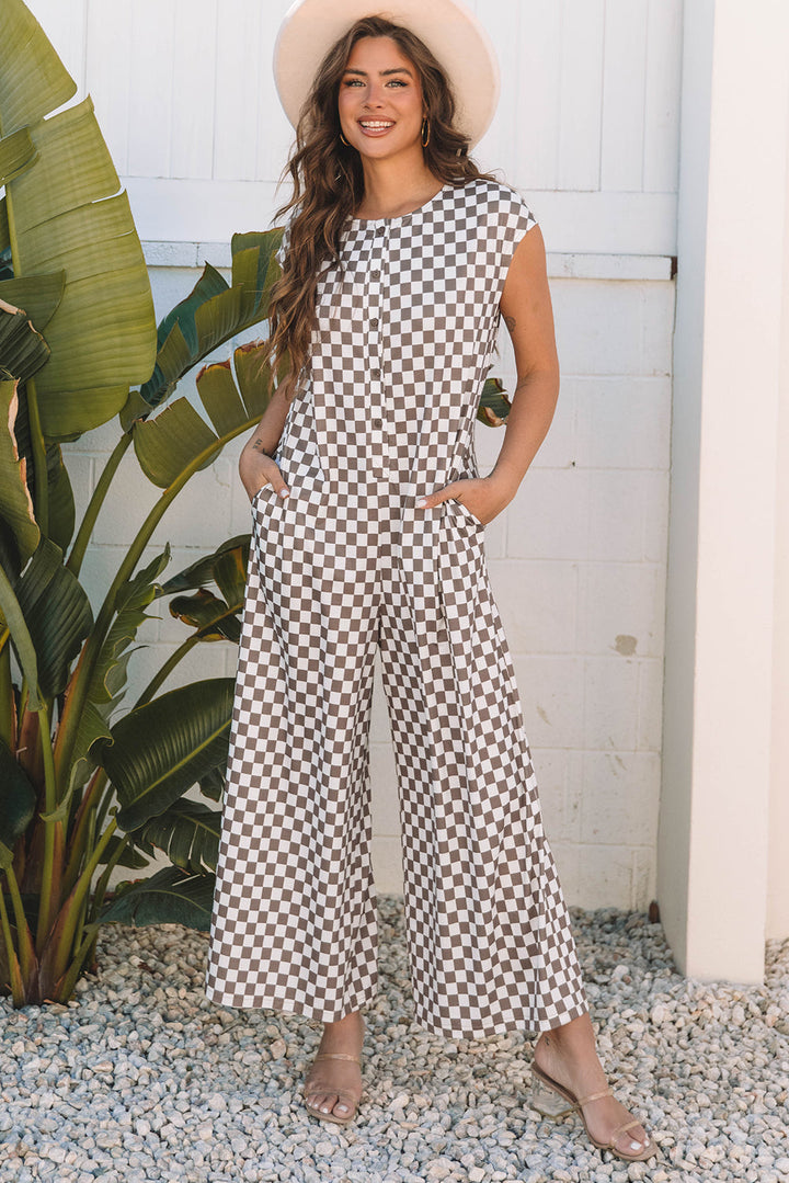 Mocha & White Checkerboard Wide Leg Jumpsuit