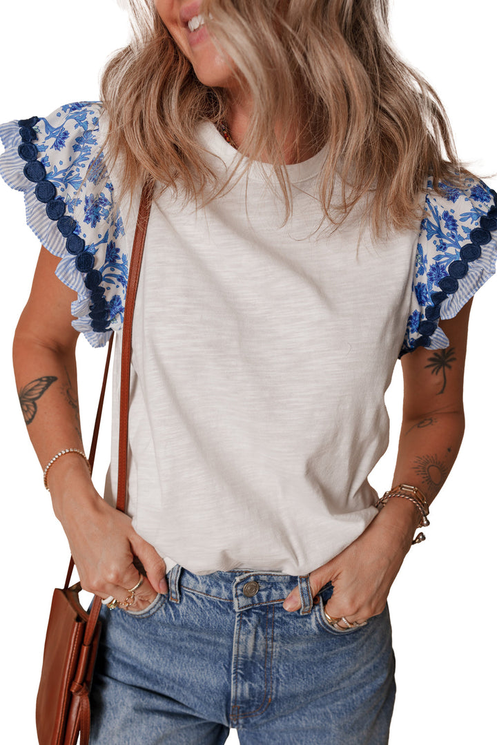 White Blouse with Blue Floral Ricrac Trim Ruffle Cap Sleeves