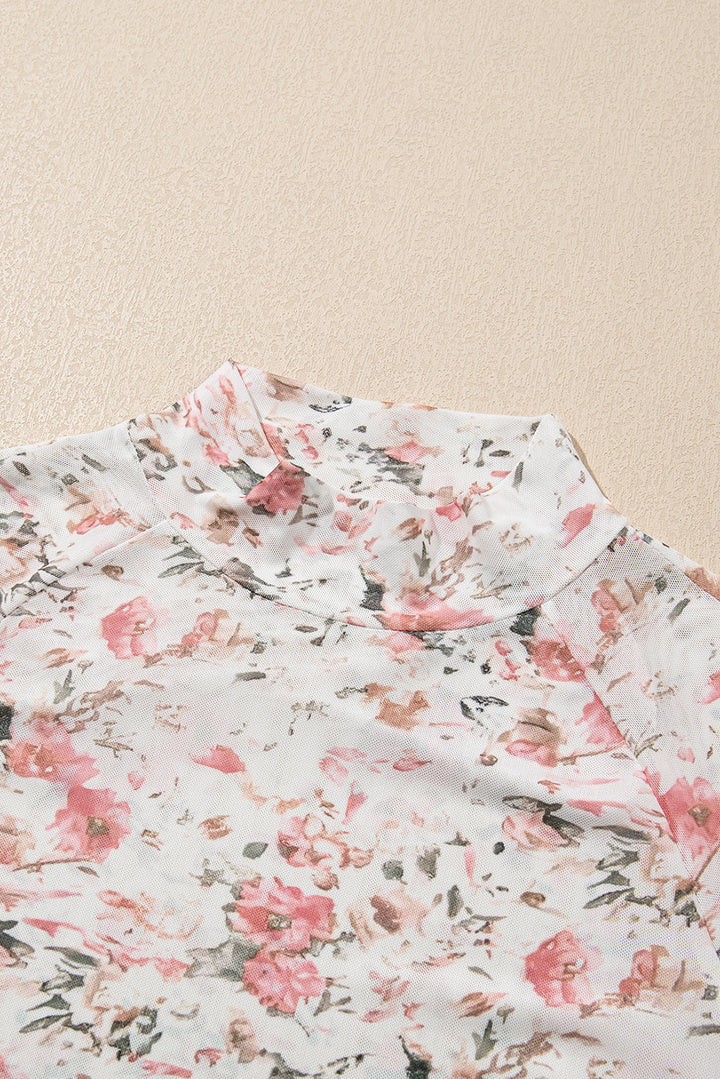 White Floral Long Sleeve High Neck Sheer Top