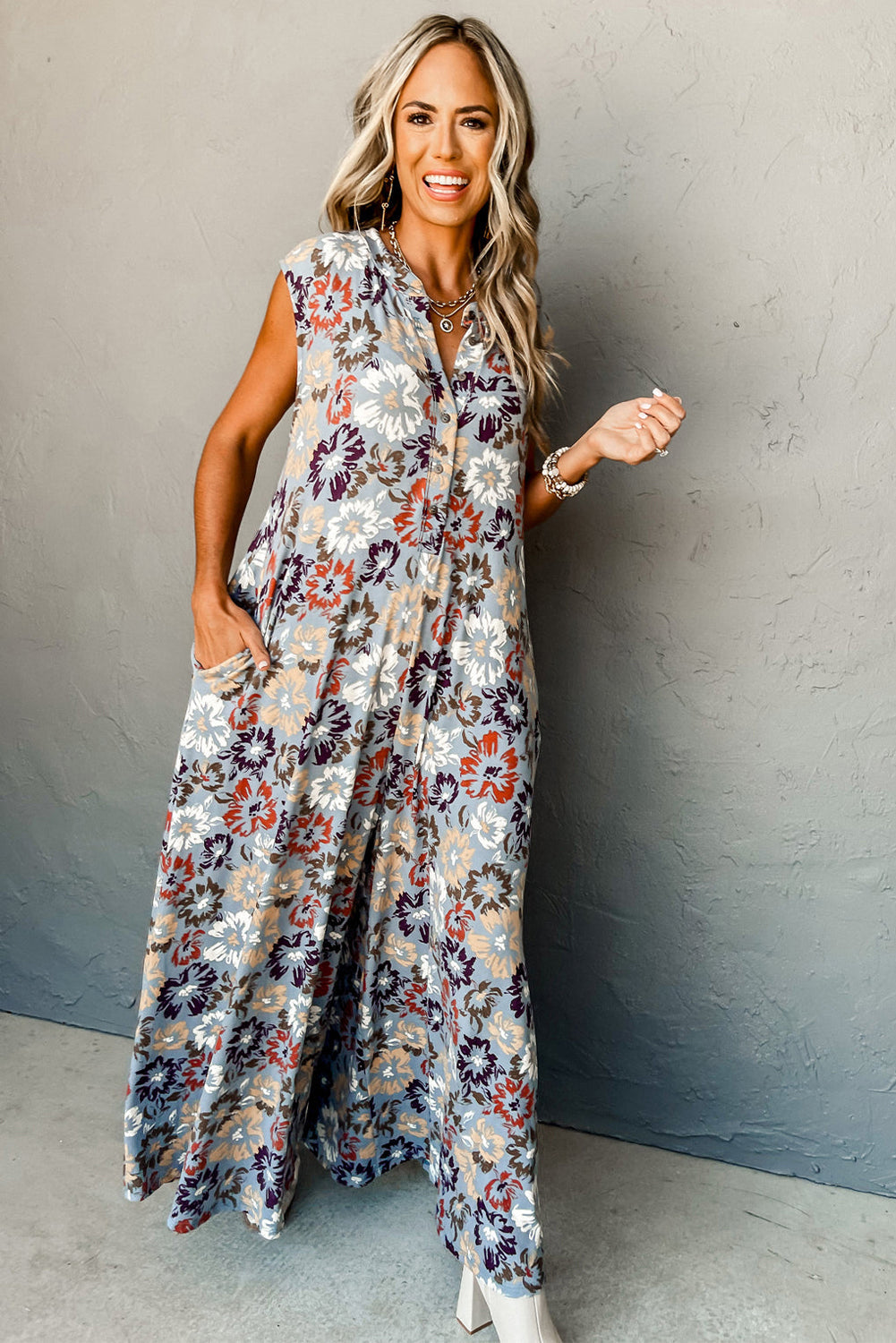Blue Floral Sleeveless Buttoned Pocketed Wide Leg
