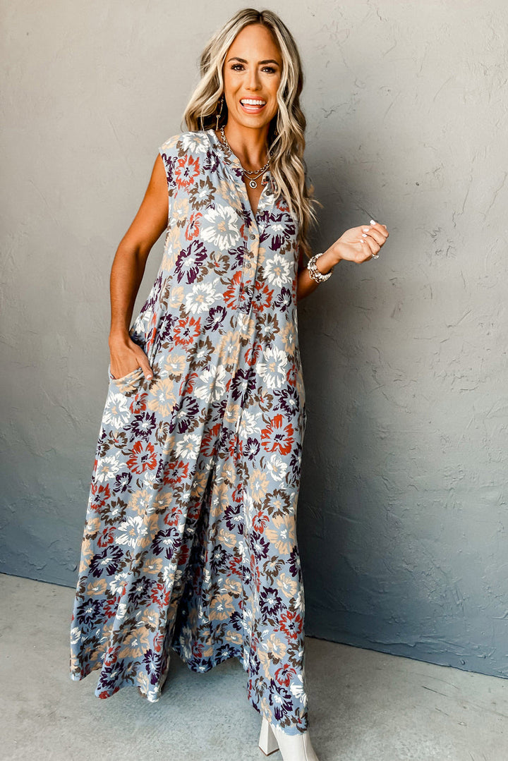 Blue Floral Sleeveless Buttoned Pocketed Wide Leg